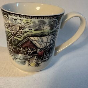 Johnson Brothers "Friendly Village" coffee mug featuring the "Covered Bridge